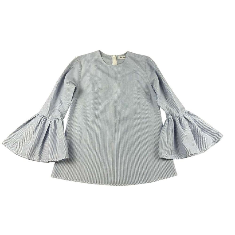 MLM Label Blouse Women XS Blue Bell Sleeve Striped Crewneck Ruffle Cuff Zip Back